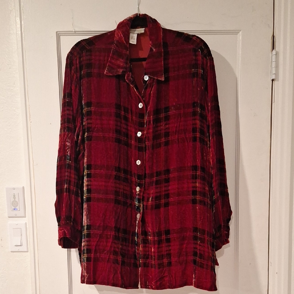 Coldwater Creek Velvet Red Plaid Blouse